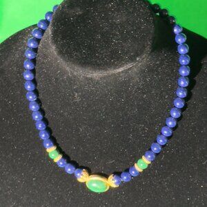 Vintage Avon Faux Lapis Lazuli Jade Bead Necklace Rhinestone  Gold-Tone Accents